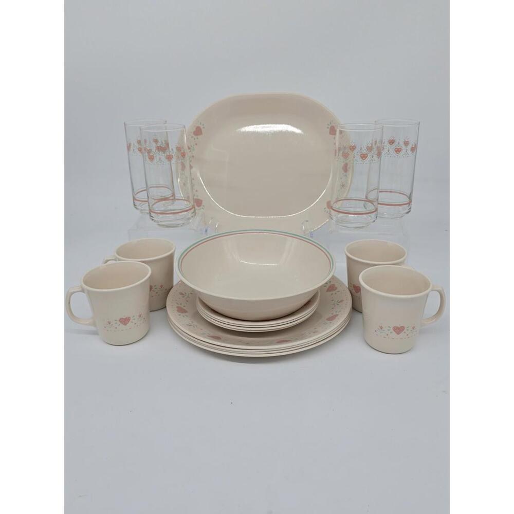 Corelle Forever Yours 18-Pc Dinnerware Set W/Glasses Set Made In USA 1980's #6